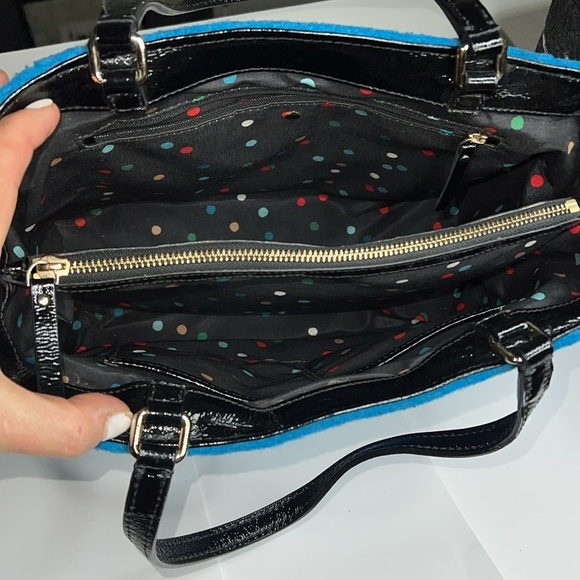 Kate Spade Teal Wool and Black Patent Leather Structured Tote Bag - Picture 8 of 11